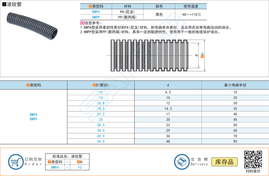 波紋管-PA尼龍-PP聚丙烯黑色規格參數
