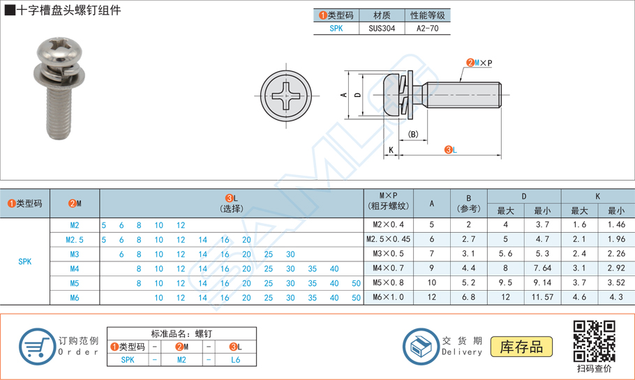 十字槽盤頭螺釘組件規格參數尺寸材質