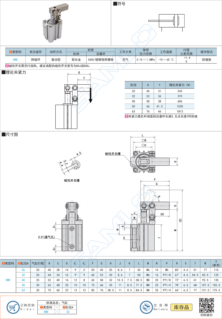 杠桿夾緊氣缸CRE規格參數尺寸材質
